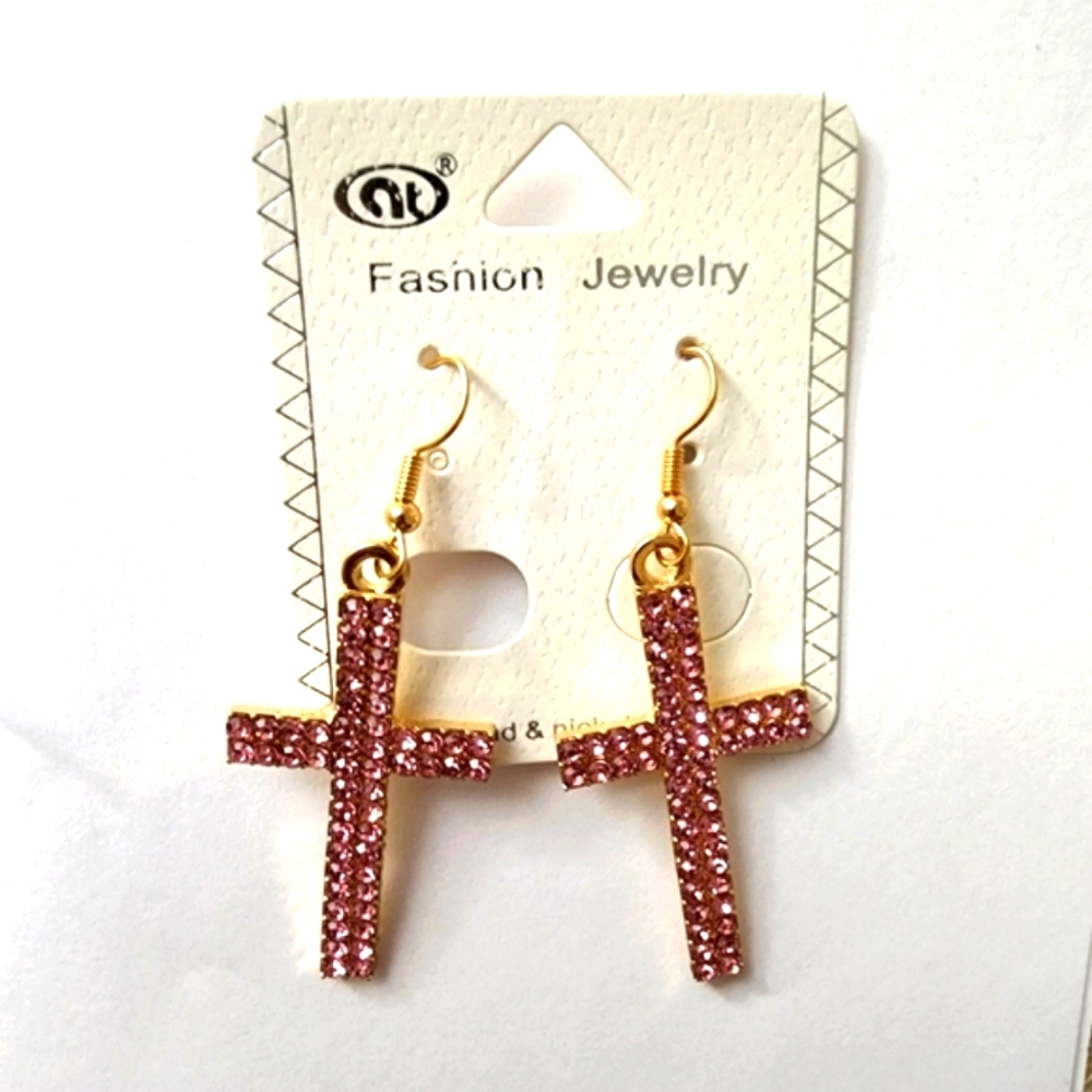 3 for 18 NWT Gold Cross With Pink Rhinestones, Pierced